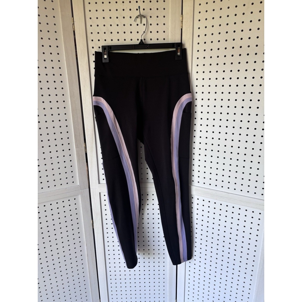 POPFIT 7/8 Leggings Black Pink Purple Stripe Women's Lg Pockets Athletic Gym